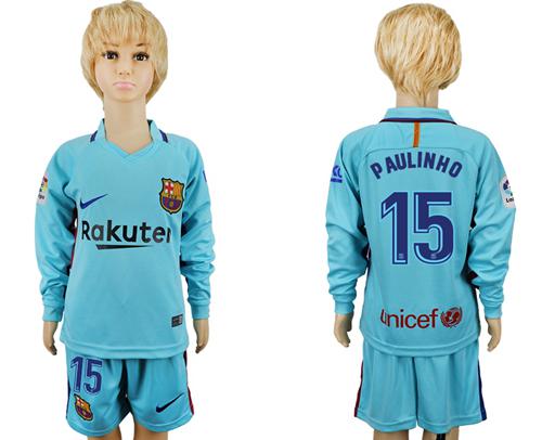 Barcelona #15 Paulinho Away Long Sleeves Kid Soccer Club Jersey - Click Image to Close